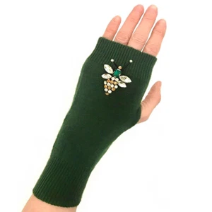 Women's Green Cashmere Gloves Mittens with Rhinestone Bug Accent - Great Gift - Picture 1 of 4
