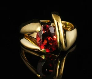 SIGNED NATURAL RARE FINE "AAA" RHODOLITE RED GARNET SOLID 14K YELLOW GOLD RING - Picture 1 of 9