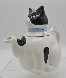Schwarz & Weiß Katze mit blauer Schleife und grünen Augen Teekanne Pfote Auslauf 7,5 Zoll - Bild 1 von 7