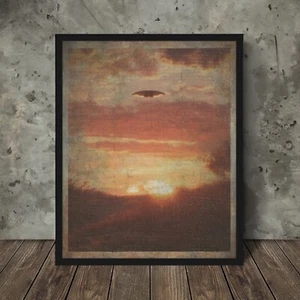 Vintage UFO ALIEN SUNSET Wall Art, Celestial Sun Poster, UAP Cryptid Star Decor - Picture 1 of 18