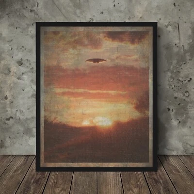 Vintage UFO ALIEN SUNSET Wall Art, Celestial Sun Poster, UAP Cryptid Star Decor - Image 1 of 4
