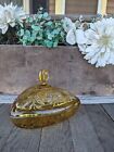 Vintage Amber Glass Triangle Candy Dish Bowl w/Lid