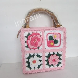 Handmade Crochet Knitted Handbag Rose Flower Pink Bamboo Joint Handle Hand Bag - Picture 1 of 9