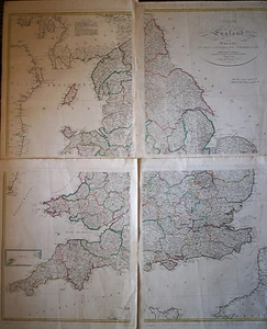 ENGLAND und WALES sehr grosse detailierte vierteilige Wandkarte 1803 ORIGINAL!! - Picture 1 of 1