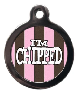 Pet ID tag BROWN & PINK STRIPED Picture design I'M CHIPPED - Picture 1 of 2