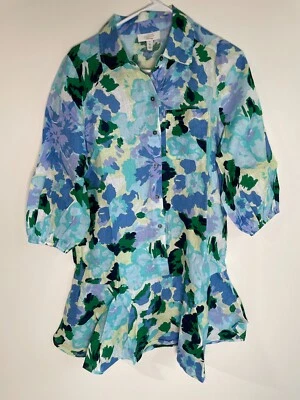 Mini Vestido Charter Club Para Mujer S Estampado Floral Lino Volantes Dobladillo Azul Piscina Claro Foto 1 de 3