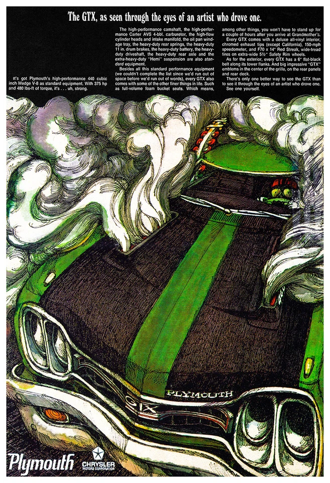 Póster publicitario PLYMOUTH GTX 1969 13x19 arte 440 426 Hemi NHRA LO DICE COMO ES  Foto 1 de 1