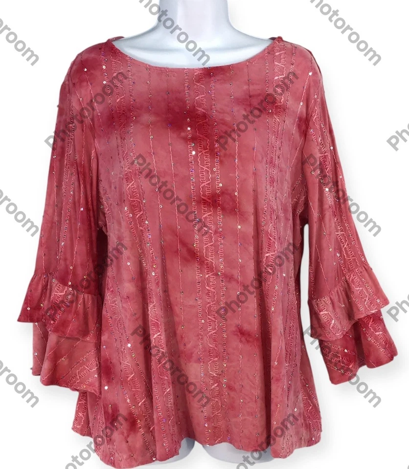 Coral Bay 女式 XL 粉红色领带染料亮片 3/4 荷叶边袖闪亮波西米亚 — 第 1/4 张图片