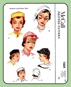 Ladies HAT Pattern Cap Pillbox 4 Styles Sizes 21½-22½" McCall 1604 Vtg 1951 - Picture 1 of 5