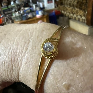 Vintage Gold Tone Clear Rhinestone Cuff Bracelet, 6.5"  - Picture 1 of 14