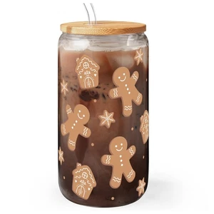 Gingerbread Christmas 16oz Can Glass Tumbler with Bamboo Lid & Straw - Iced C... - Picture 1 of 7