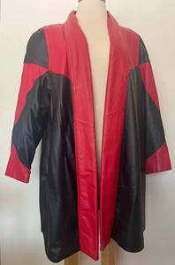 Linda Karan Damen Vintage Leder offene Jacke Mantel Größe L rot schwarz 80er - Bild 1 von 5