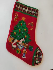 VTG Needlepoint Christmas Stocking Wool Red Velvet Tree Gift Nutcracker 18" EUC - Picture 1 of 7