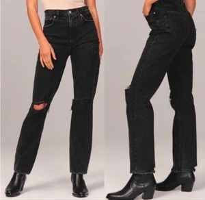 NEU mit Etikett Abercrombie & Fitch Curve Love schwarz gerades Bein Used-Look Jeans 14 - Bild 1 von 5