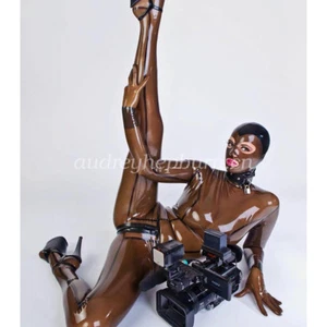 New 100% Pure Latex Rubber Bodysuit Catsuit Gummi Ganzanzug Coffee Mask XS-XXL - Bild 1 von 1
