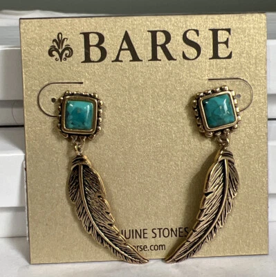 Brincos pendurados de penas em tom dourado pedras genuínas turquesa arizona tailandesa Barse - Imagem 1 de 4