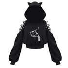 Womens Cute For Cat Ear Long Sleeve Hoodies Hollow Out Lace-Up Loose Crop Sweats