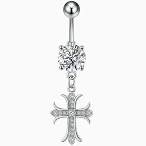 Belly Bars Navel Button Piercing Rings Crystal Body Jewellery Ring Silver Dangle - Picture 1 of 6