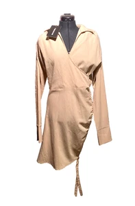 Pretty Little Thing Dress Small Women Bodycon Wrap Beige Asymmetric Size 10 - Picture 1 of 17
