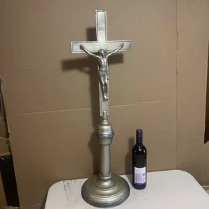 32”Altar Crucifix Standing Metal Cross Christi Antique Silver Jesus Gift Vintage - Picture 1 of 18