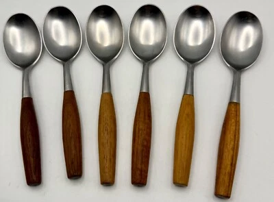 6 Vtg Dansk Design FJORD IHQ Germany Teak Handle Table Soup Spoons - Image 1 of 4