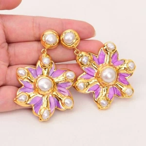 Natural White Keshi Pearl Purple Shell Flower Gold Plated Stud Dangle Earrings - Picture 1 of 8