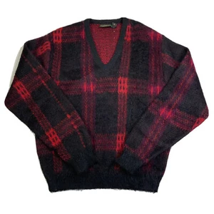 Vtg Brushed Lyn Del V Neck Pullover Sweater Black Red Plaid Men’s Size S 50s 60s - Picture 1 of 7