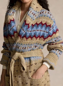 Cárdigan chal con cinturón tejido jacquard lana Fair Isle Aztec rrl Ralph Lauren £749 S - Imagen 1 de 20