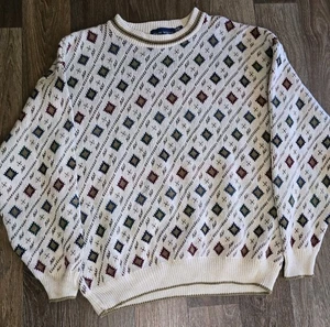 Vintage John Weitz Opa Pullover XL Creme Mehrfarbig Rautenmuster Strick USA - Bild 1 von 9
