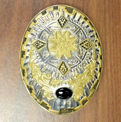 Crumrine Western Belt Buckle Onyx stone Embossed Ornate Geometric Aztec Design  - Image 1 of 4