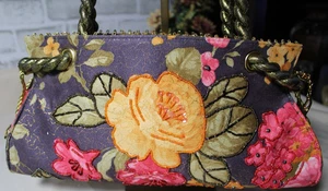 Vintage Floral Renaissance Style Purse Rope Style Handles Beaded Front Floral - Picture 1 of 6