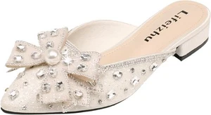 Women's Glitter Rhinestone Bow Low Heels Mules Fashion Pearl Closed Pointed... - Picture 1 of 18