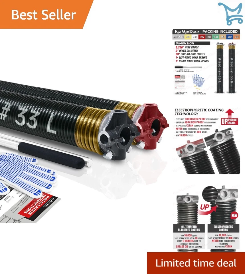 Juego de resortes de torsión para puertas de garaje de 2 pulgadas de acero recubierto de negro para reemplazo e instalación Foto 1 de 4