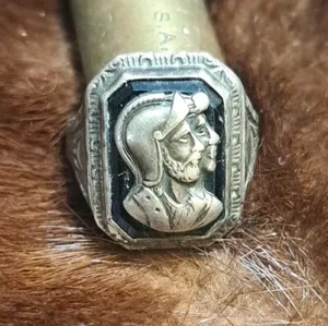 Men's Double Warrior Silver Cameo Ring Black Enamel Sterling Silver 8.4g - Bild 1 von 5