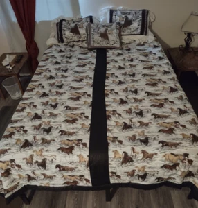 Vintage Horse Reversible Comforter Bedspread Black Queen Lightweight Set 3 Sham - Picture 1 of 9