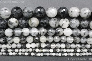 Natural Tourmalinated Quartz Gemstone Faceted Round Beads 4mm 6mm 8mm 10mm 15" - Picture 1 of 15