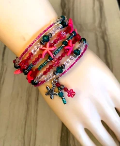 Stravagante Bracciale Perline Starfish Memory Wrap Estate Perline Rosa Verde Verde Verde - Foto 1 di 4