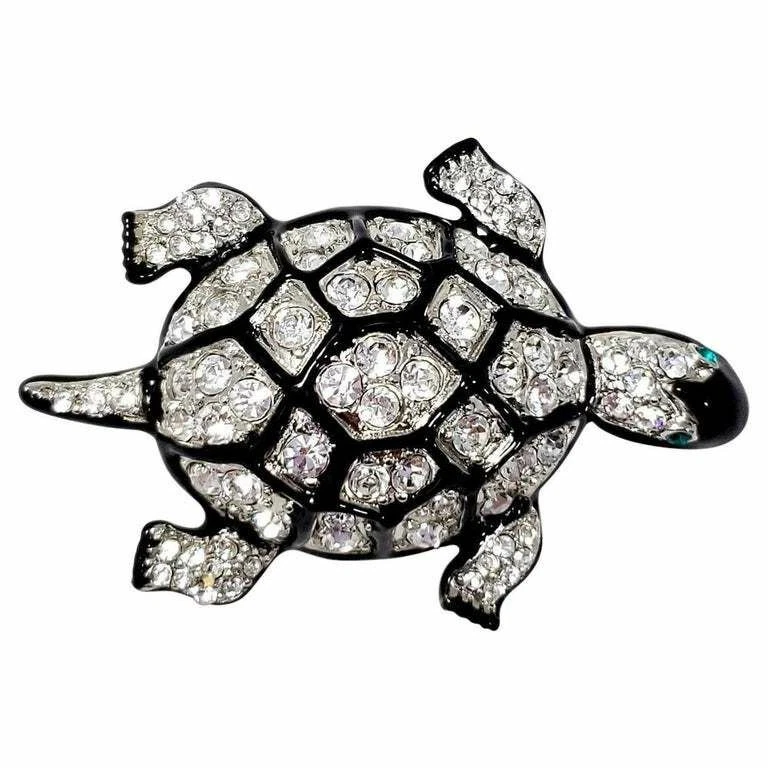 Broche de plata tortuga cristal pavé adornado KJL Kenneth Jay Lane, esmalte negro Foto 1 de 2
