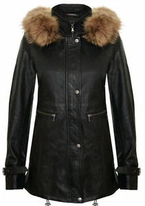 Chaqueta de cuero negro desmontable con capucha Parker para mujer - Imagen 1 de 5