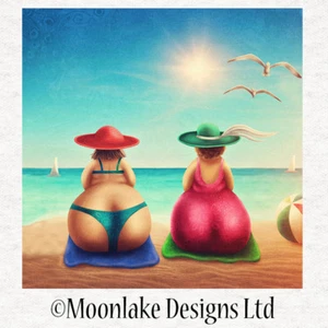 Señoras de playa - paneles artesanales de tela estilo postal 100 % algodón o poliéster - Imagen 1 de 1