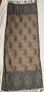 Pashmina (100%) scarf shawl 68L x 27.5 wide with fringe tan blue floral paisley - Picture 1 of 4