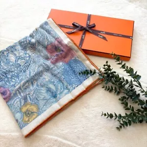 HERMES Carre 140 Cashmere Silk Shawl Retour a la Nature Blue New Unused with Box - Picture 1 of 10