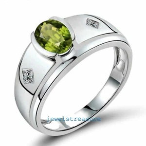 Natural Peridoto Y Circonita Cúbica Gema Con 925 Plata de Ley Hombre Ring #J4500 - Imagen 1 de 4