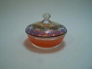 Trinket Jar Glass Enameled Applied Flowers Lid Orange Blue Gold Round 3 1/2 VTG - Picture 1 of 3