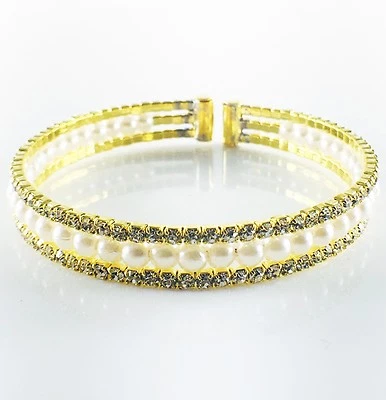 BRAZALETE DE PERLAS CRISTAL ESTRÁS EE. UU. Brazalete Brazalete Boda Encantador Dorado Blanco 6 Foto 1 de 4