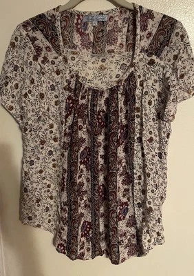 Claudia Richard Size PL Peasant Style Blouse Burgundy White Blue Floral, Paisley - Image 1 of 4