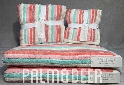 RACHEL ZOE~ 8 PIECE TOWEL SET~ STRIPED AQUA, PINK, CORAL, TAN & MAUVE~BRAND NEW! - Image 1 of 4
