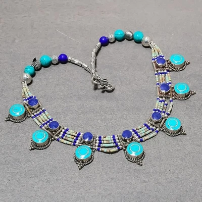 Collar Joyería Nepalí Regalo Hecho a Mano Turquesa Tibetana Lapislázuli 18" SR 6998 Foto 1 de 4