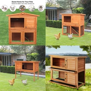 Outdoor Pet Bunny Cages 36 / 40 / 48" Wooden Rabbit Hutch Chicken Coop Hen House - Picture 1 of 12