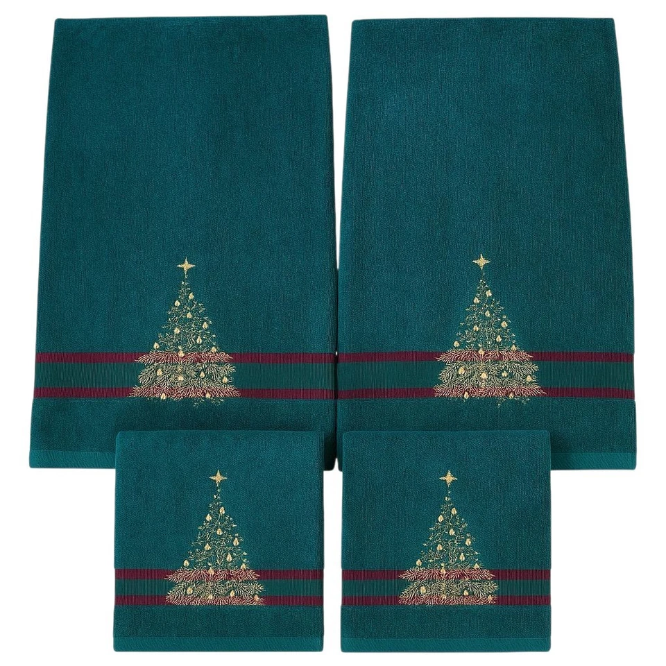 VTG Christmas Tree Towel Set 2 Bath Towels 2 Hand Towels Holiday Green Red Gold - Image 1 of 4